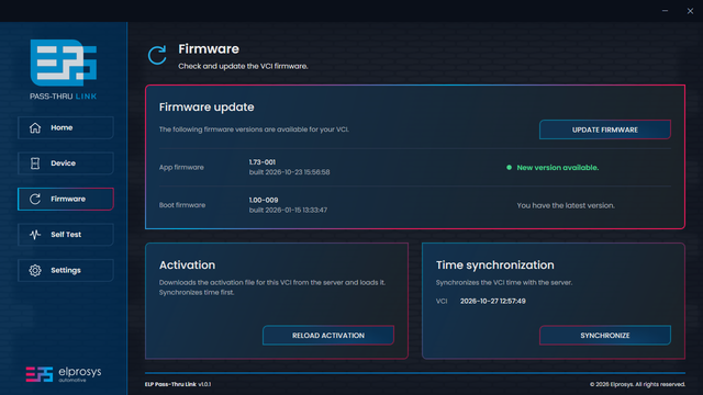 Firmware screen with a new version available