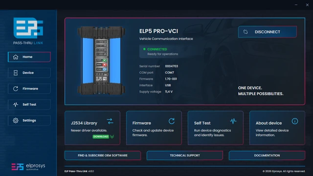 ELP Pass-Thru Link, Home screen with ELP5 PRO-VCI connected