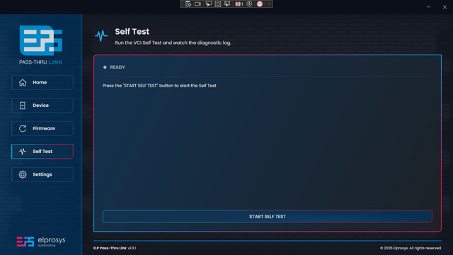 Self Test screen in ELP Pass-Thru Link, with the Start Self Test button
